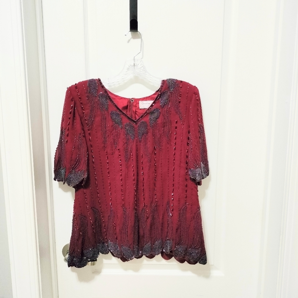 Creative Touch Elegant Sequin Women's Burgundy Blouse - Picture 3 of 8
